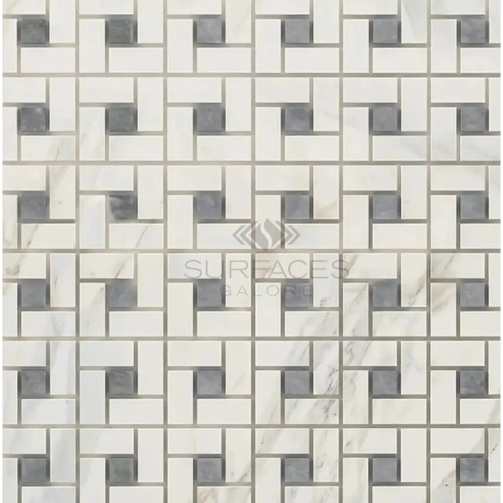Geometric tile pattern in Calacatta Gold Select Gold Pinwheel Mosaic Marble Tile