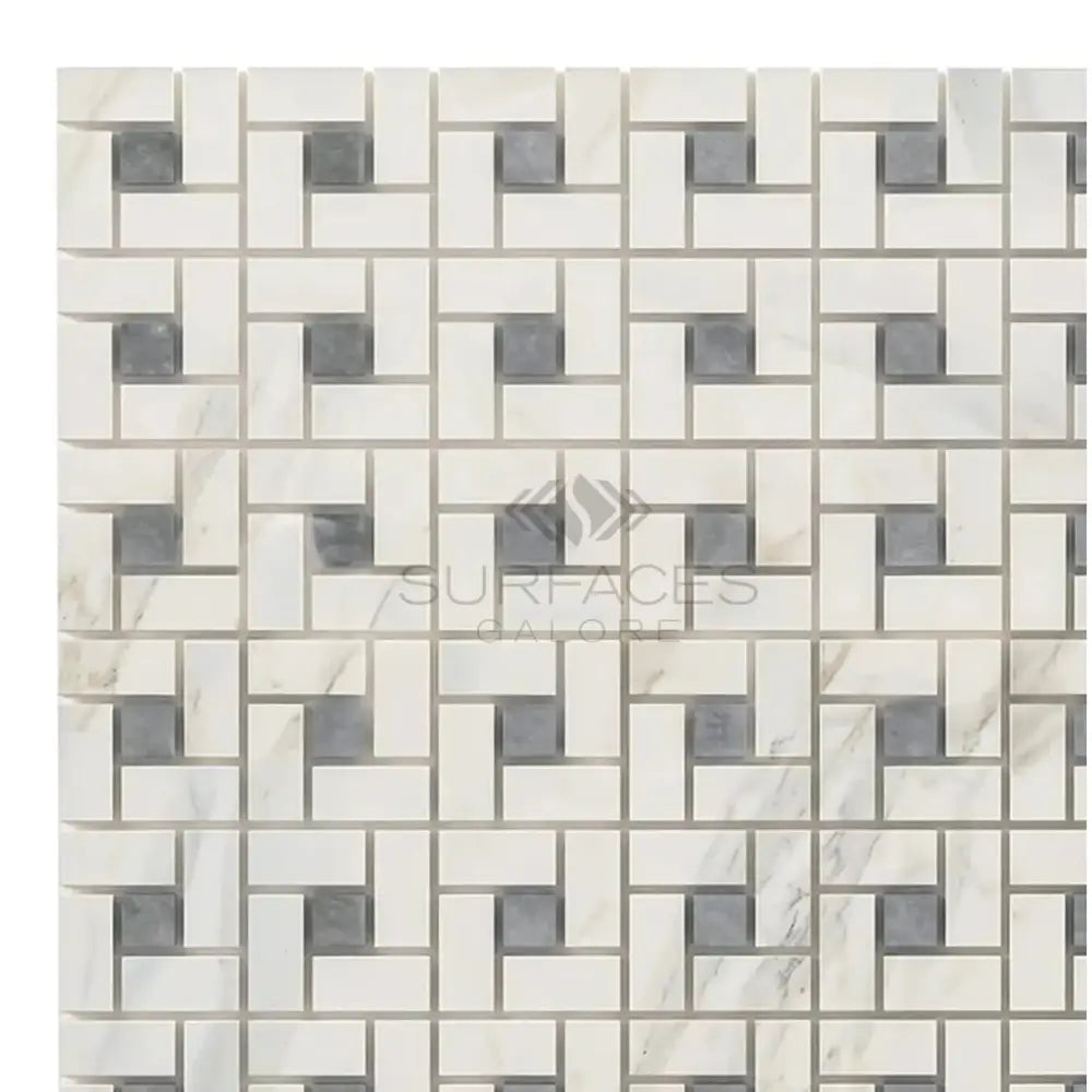 Calacatta Gold Select Gold Pinwheel Mosaic Tile with Blue-Gray Pattern