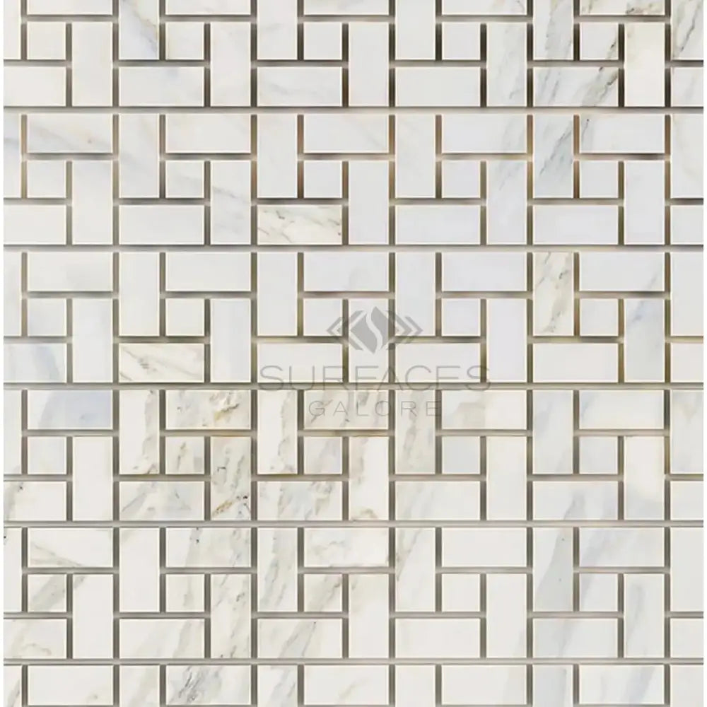 White marble mosaic tile pattern from Calacatta Gold Select Gold Pinwheel collection