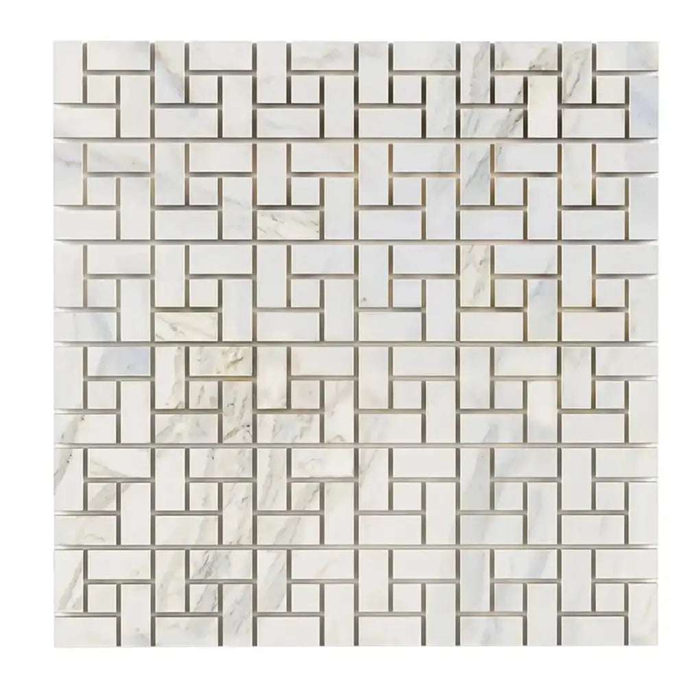 White marble mosaic tile with gold accents from Calacatta Gold Select collection