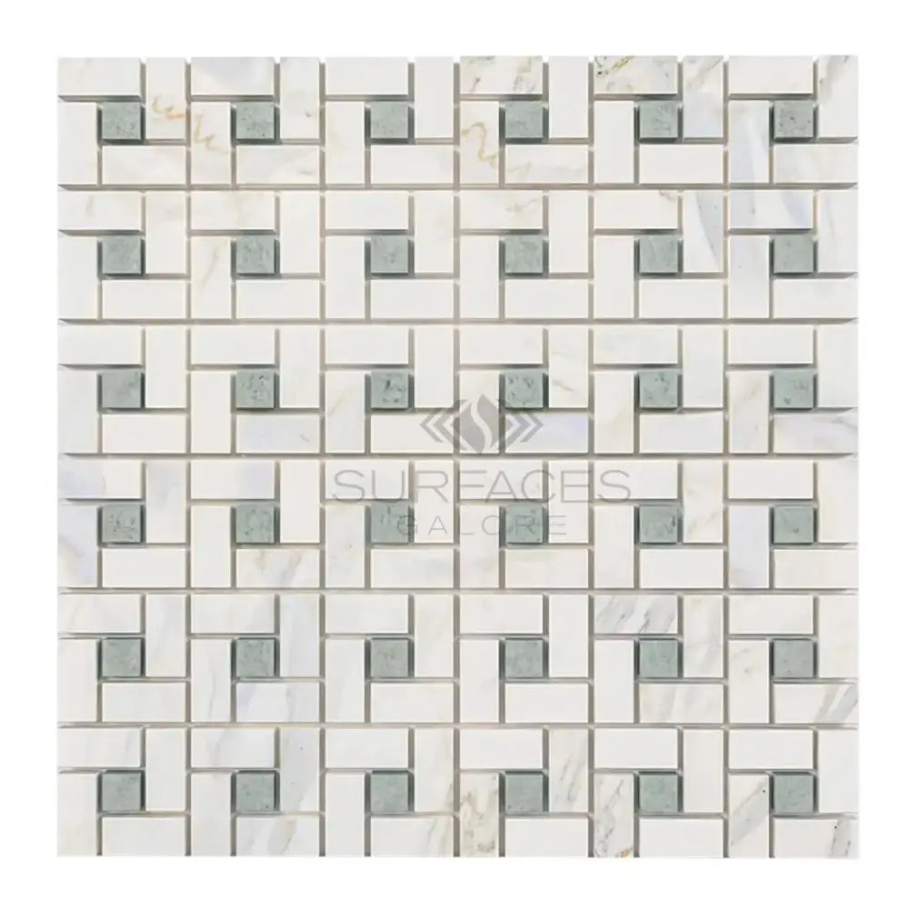 Mosaic tile pattern featuring Calacatta Gold Select Gold Pinwheel Marble Tile