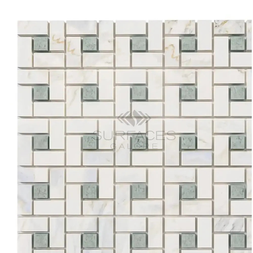 Calacatta Gold Select Gold Pinwheel Mosaic Marble Tile with Ming-Green pattern