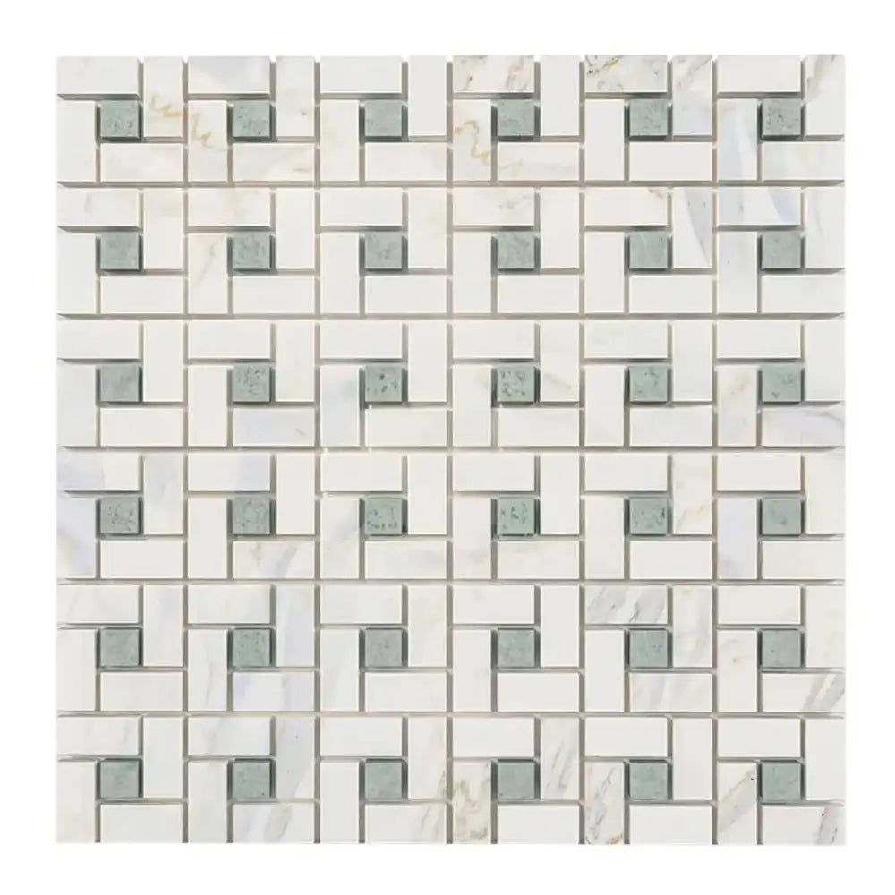 Calacatta Gold Select Gold Pinwheel Mosaic Marble Tile with Ming-Green accent pattern