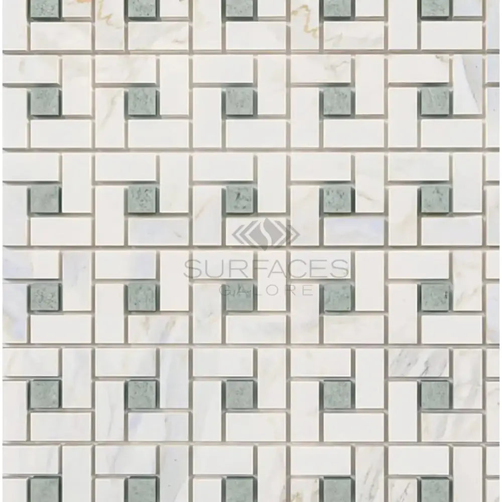 Calacatta Gold Select Gold Pinwheel Mosaic Marble Tile with Ming-Green pattern