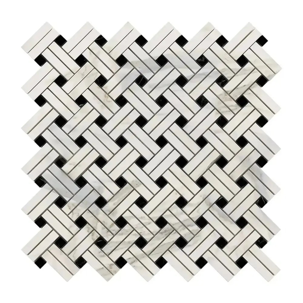 Woven marble and black tile mosaic for Calacatta Gold Select Gold Stanza Mosaic Tile