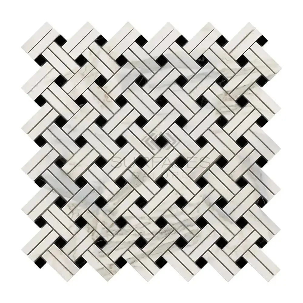 Woven marble mosaic tile in Calacatta Gold Select Gold Stanza with Black polished finish