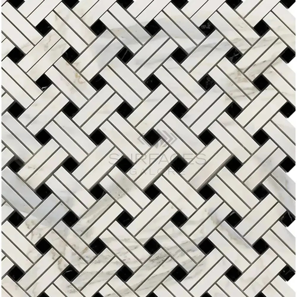 Herringbone tile pattern with black accents on Calacatta Gold Select Mosaic Marble Tile