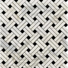 Herringbone tile pattern with black accents on Calacatta Gold Select Mosaic Marble Tile