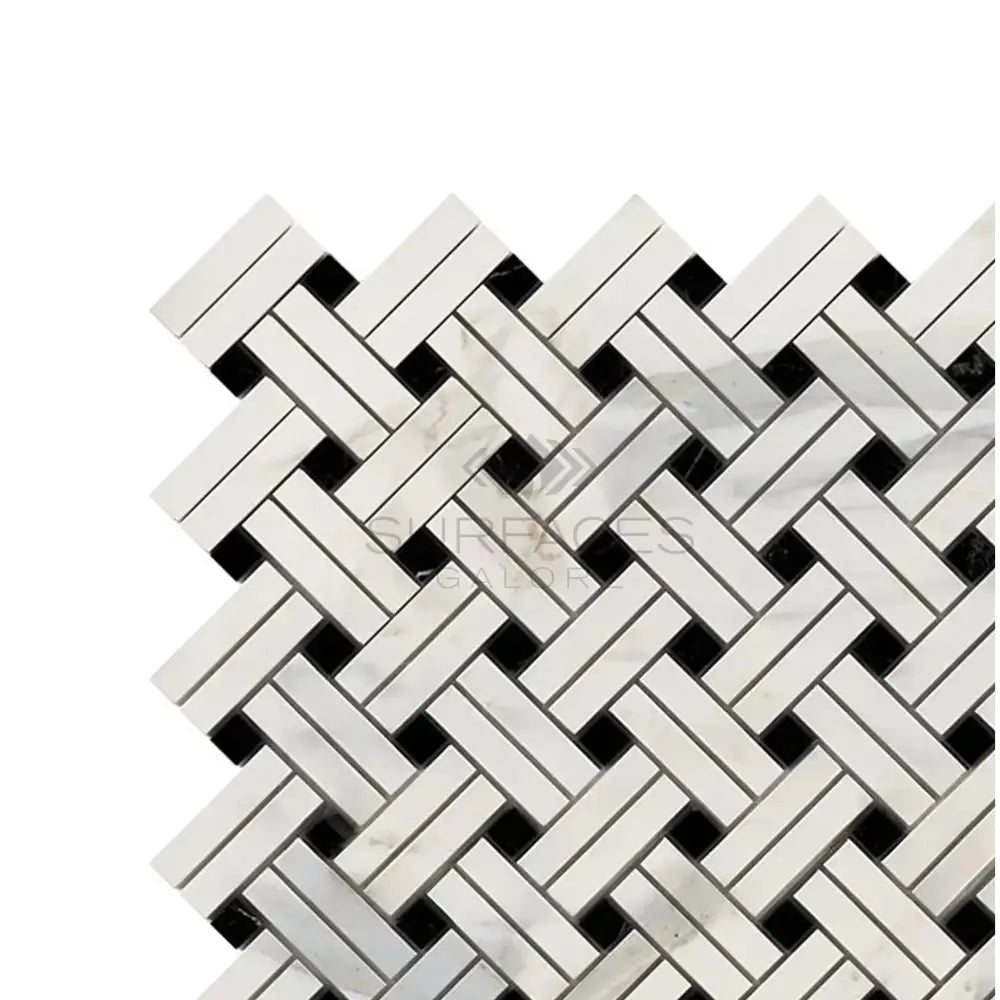 Herringbone mosaic tile pattern in Calacatta Gold Select with black accents