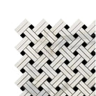 Herringbone mosaic tile pattern in Calacatta Gold Select with black accents