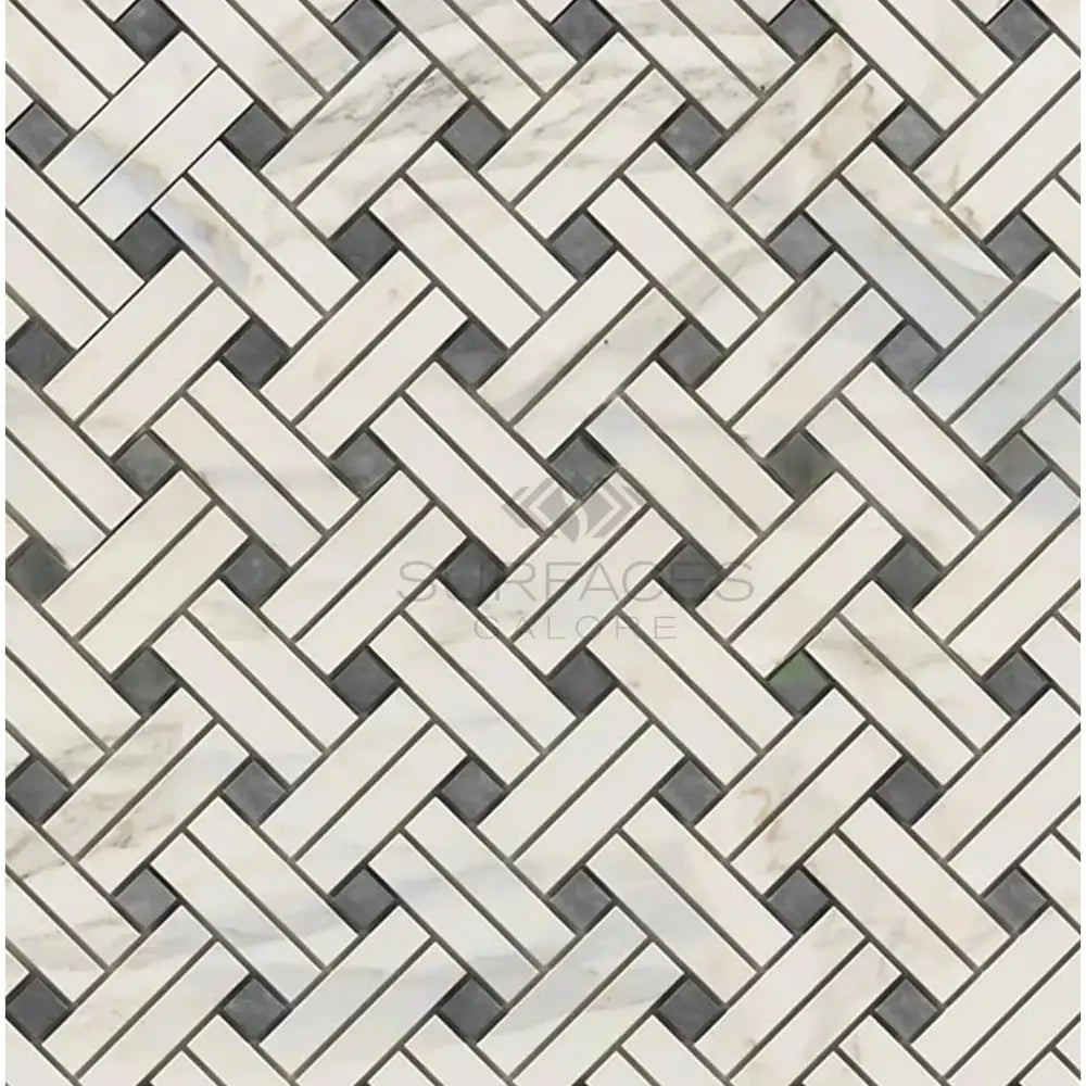 Herringbone tile pattern on Calacatta Gold Select Blue Gray Mosaic Marble Tile