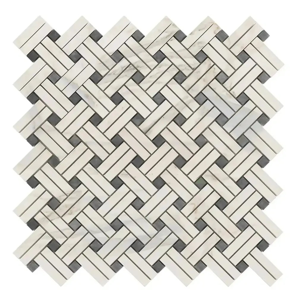 Herringbone patterned mosaic tile from Calacatta Gold Select Gold Stanza collection with blue-gray accents