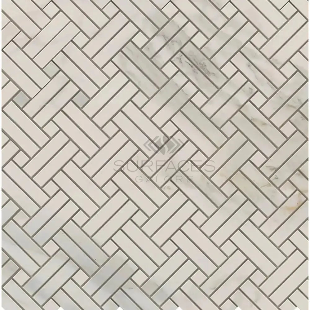 Herringbone tile pattern on Calacatta Gold Select Mosaic Marble Tile