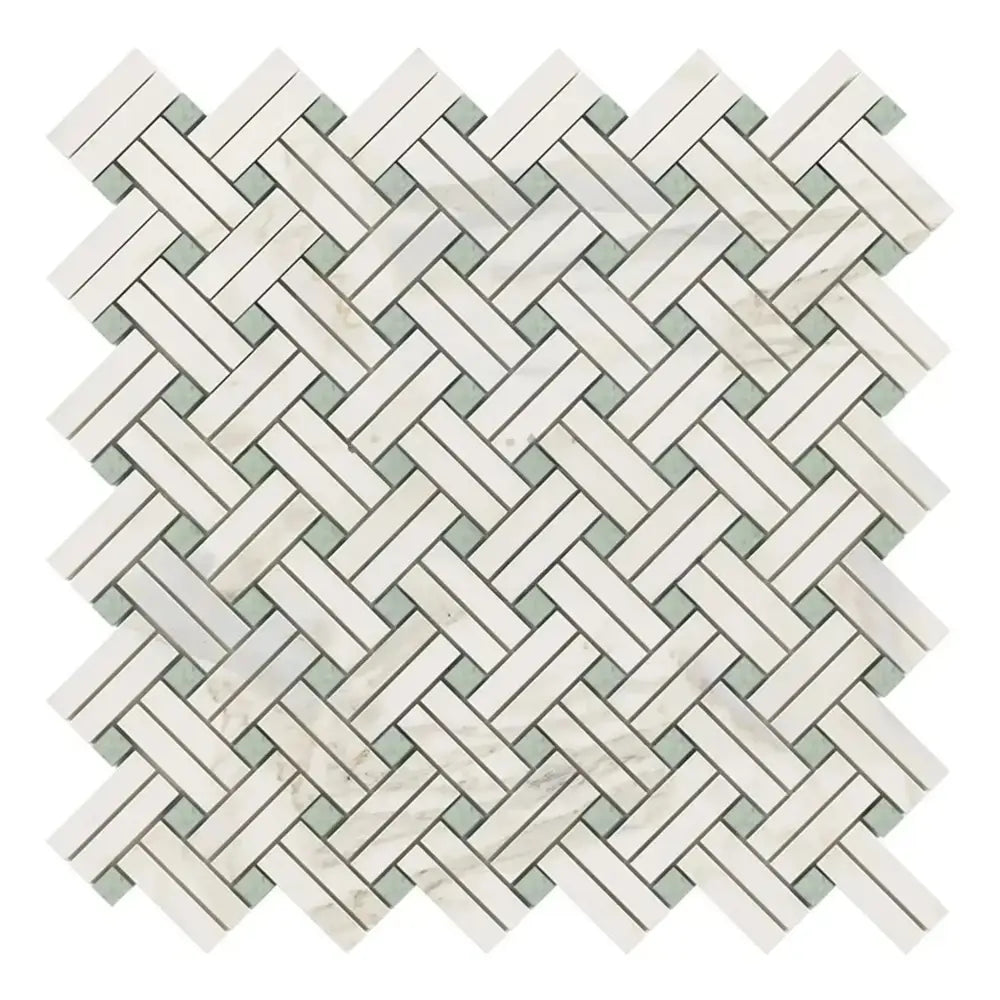 Herringbone patterned Calacatta Gold Select Gold Stanza mosaic marble tile with Ming-Green accents