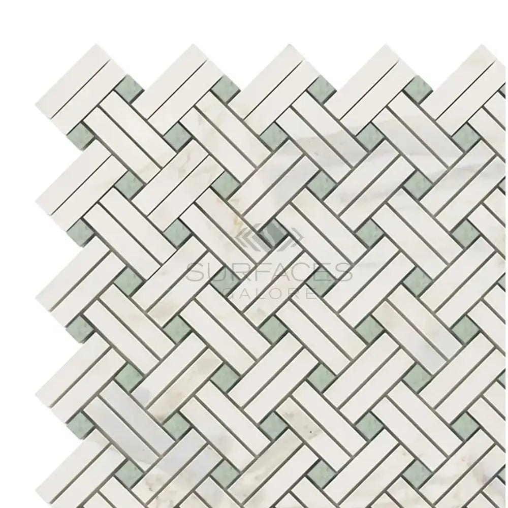 Herringbone patterned Calacatta Gold Select Gold Stanza Mosaic Marble Tile with Ming-Green