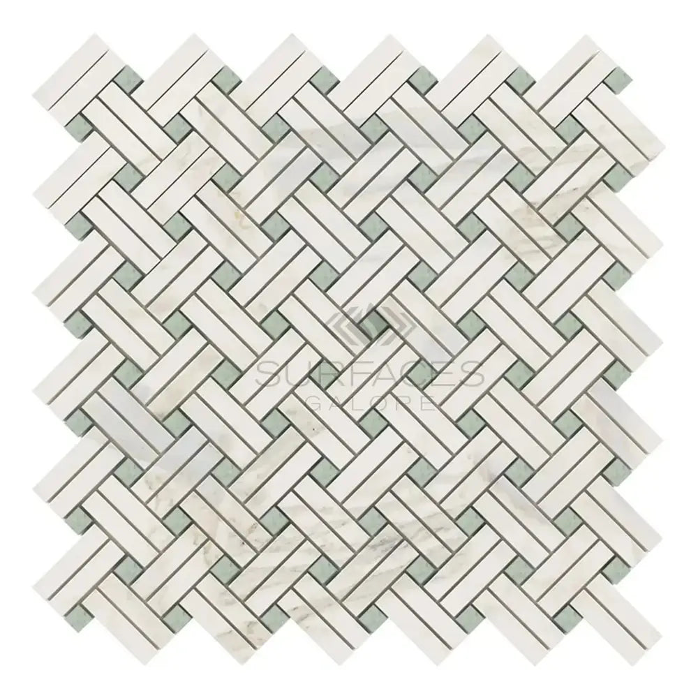 Herringbone patterned mosaic tile from Calacatta Gold Select Gold Stanza Marble Collection
