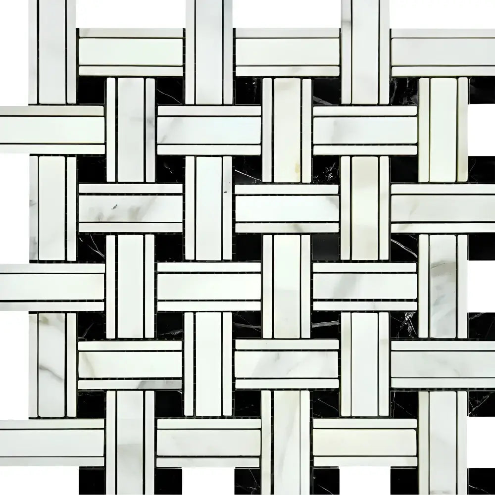 Woven black and white marble tile pattern from Calacatta Gold Select Gold Triple-Weave Mosaic