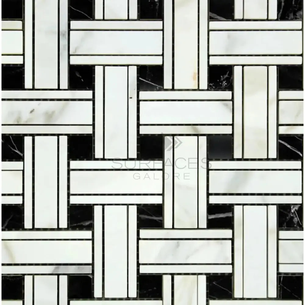 Black and white basketweave tile pattern on Calacatta Gold Select Triple-Weave Mosaic