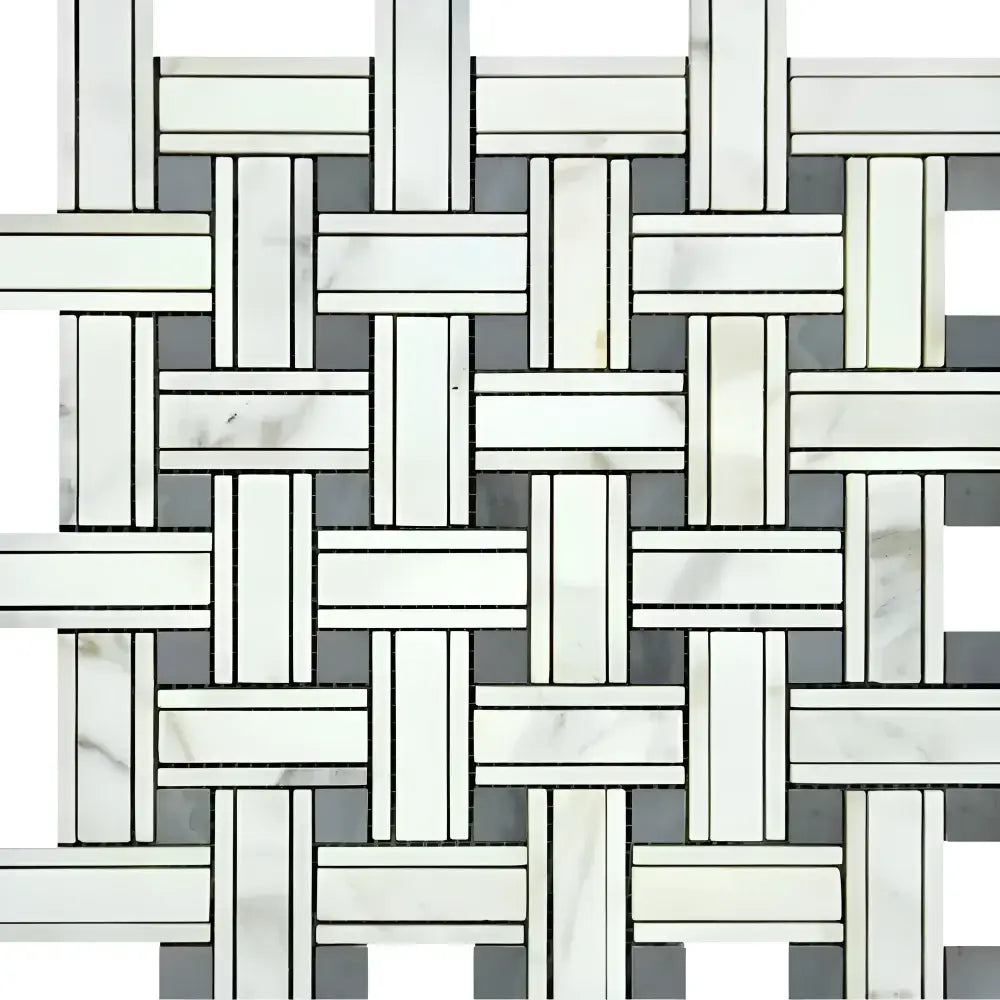 Woven marble tile pattern featuring Calacatta Gold Select Triple-Weave Mosaic Marble Tile