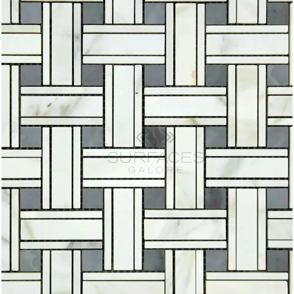 Woven marble tile pattern featuring Calacatta Gold Select Triple-Weave Mosaic Marble Tile