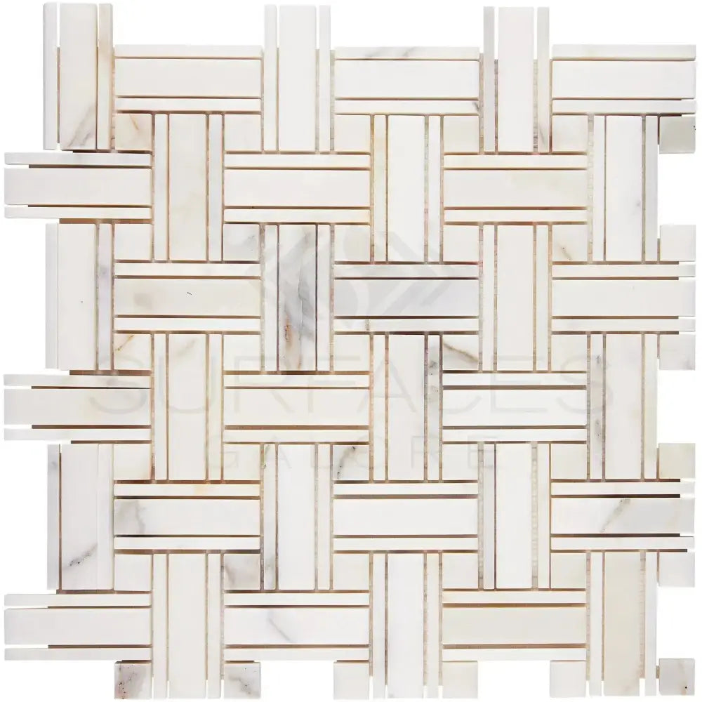 Woven white marble mosaic tile from Calacatta Gold Select Gold Triple-Weave collection
