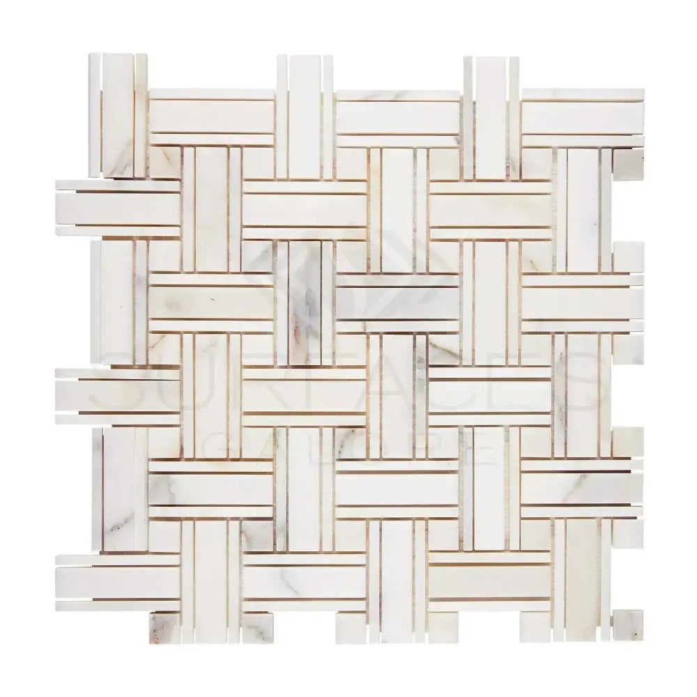 Woven marble mosaic tile featuring Calacatta Gold Select Gold for luxurious surfaces