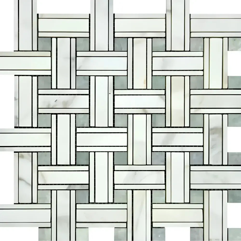 Woven marble tile pattern in Calacatta Gold Select with Ming-Green accents