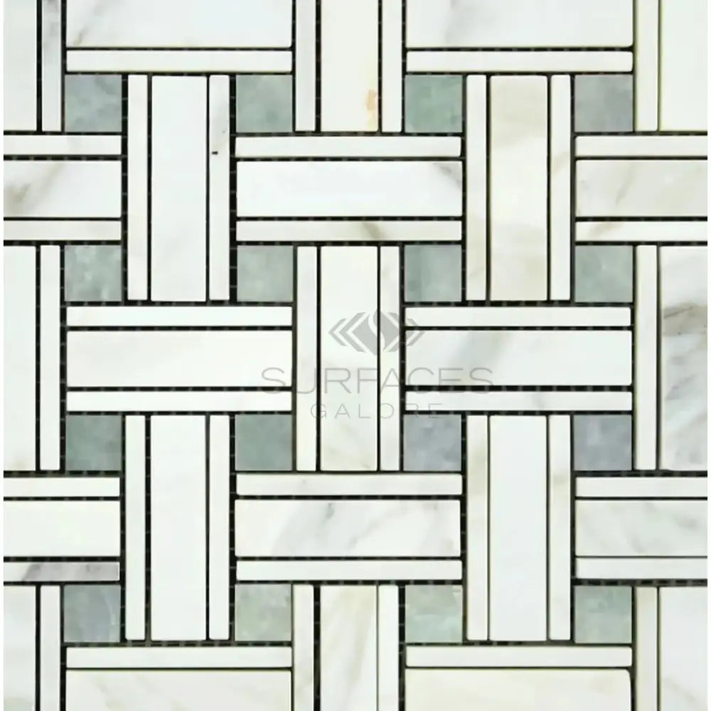 Woven pattern of white and gray tiles from Calacatta Gold Select Triple-Weave Mosaic Marble Tile