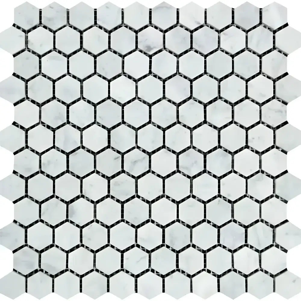 White marble hexagon tile sheet from Carrara White Royale mosaic marble tile collection