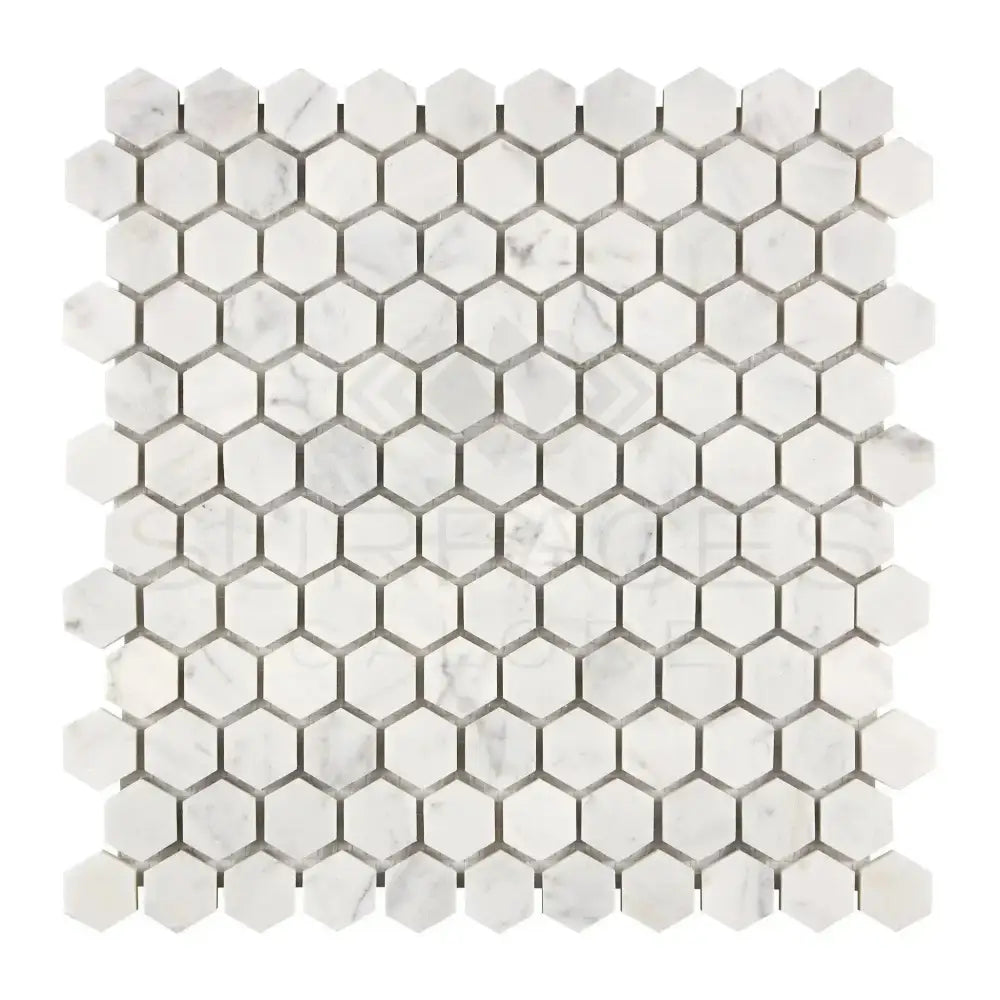 White marble hexagon tile mosaic from Carrara White Royale 1-inch polished or honed
