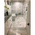 Modern bathroom featuring Carrara White Royale 1x1 Marble Mosaic Tile with polished finish