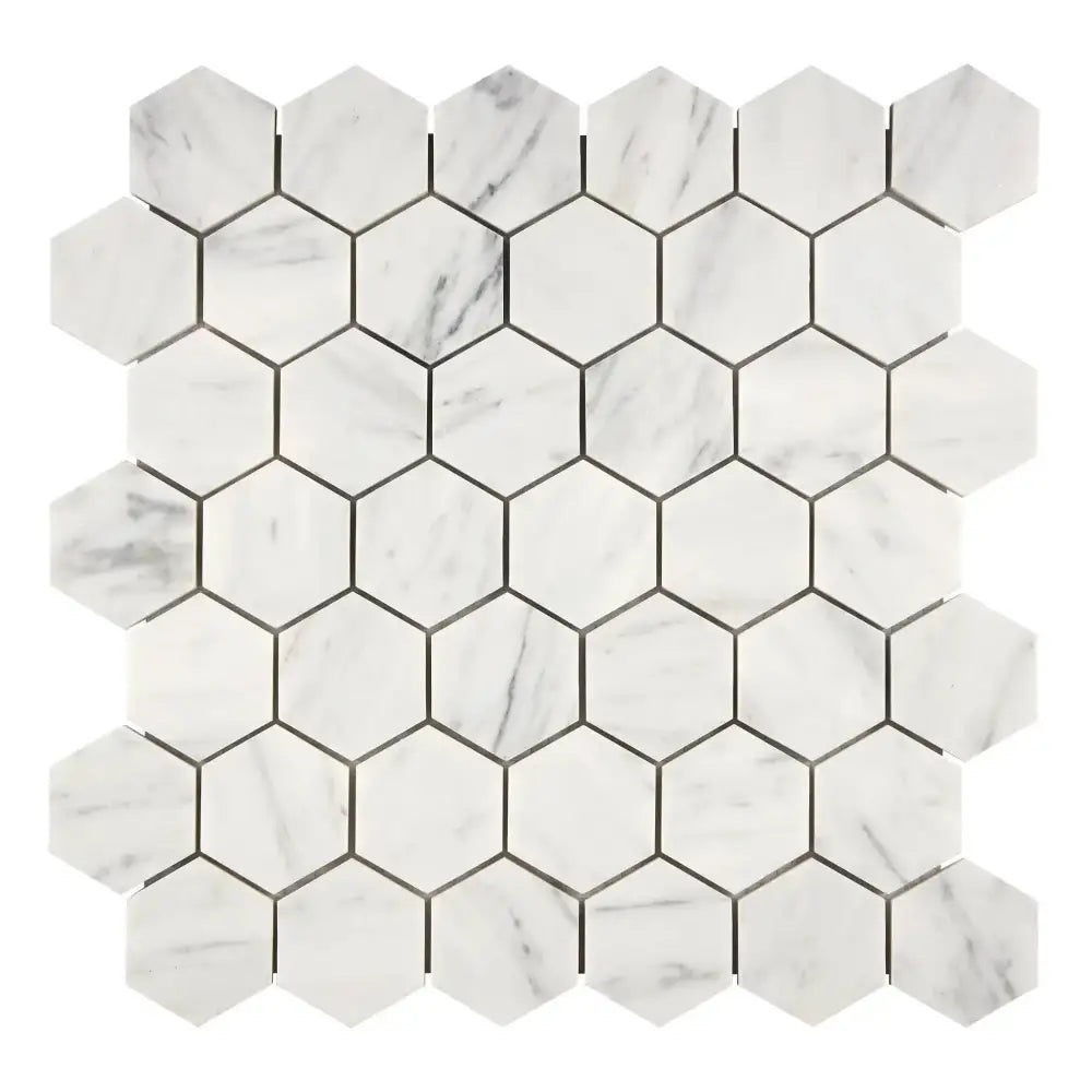 White marble hexagon tile sheet from Carrara White Royale 2 inch mosaic marble tile