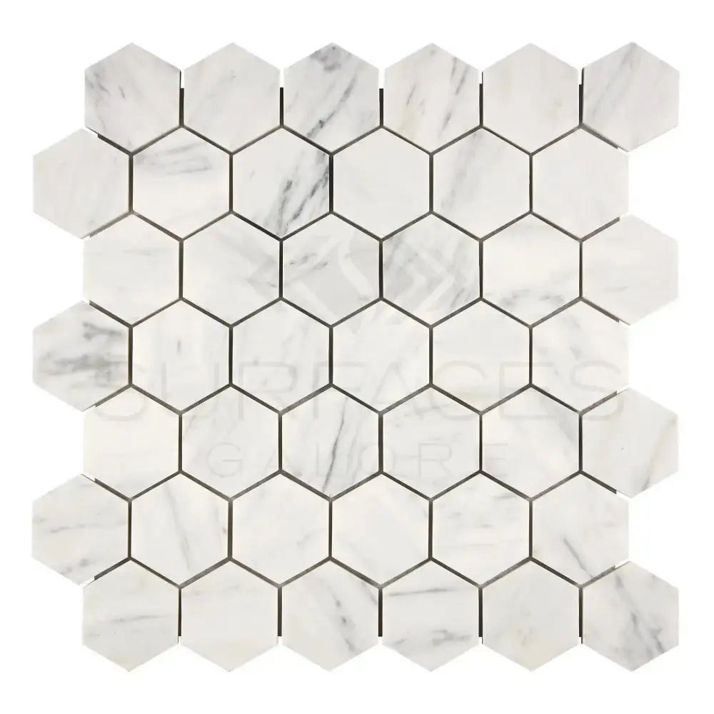 Hexagonal Marble Tile Sheet of Carrara White Royale 2-inch Mosaic in polished or honed finish