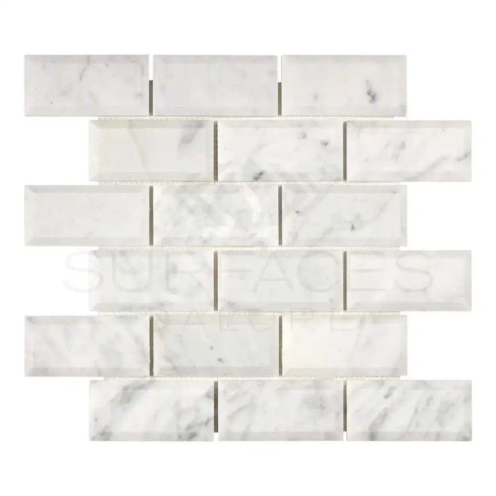 White marble brick mosaic tile from Carrara White Royale 2X4 Deep-Beveled collection