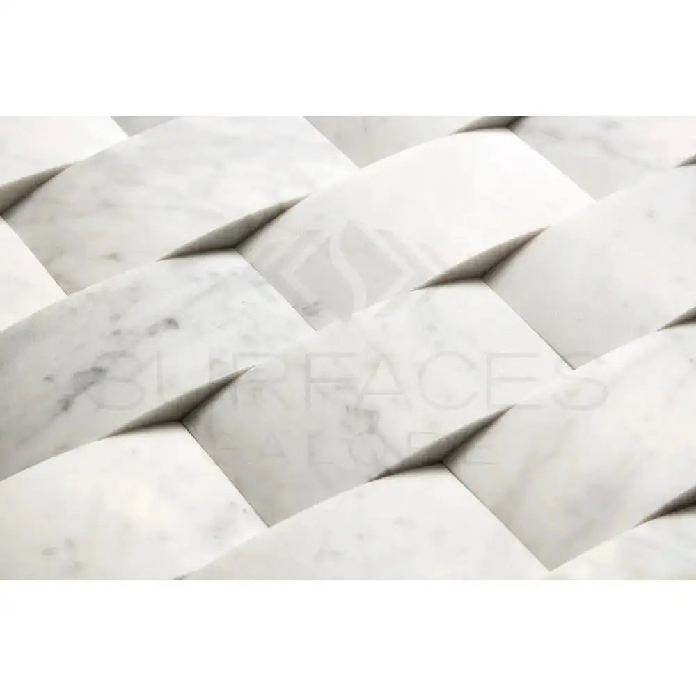 Interlocking white marble tiles for elegant flooring in Carrara White Royale mosaic