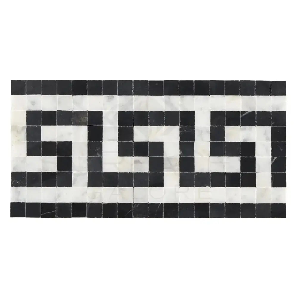 Black and white mosaic border for Carrara White Royale Greek Key tile design