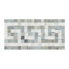 Mosaic tile sheet of Carrara White Royale with Greek Key Border and Blue-Gray accents