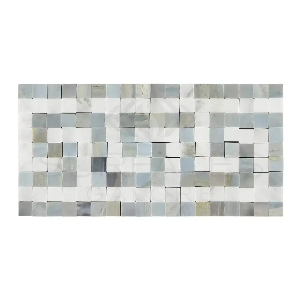 Mosaic tile sheet for Carrara White Royale 3 1/2X7 Greek Key Border with Blue-Gray
