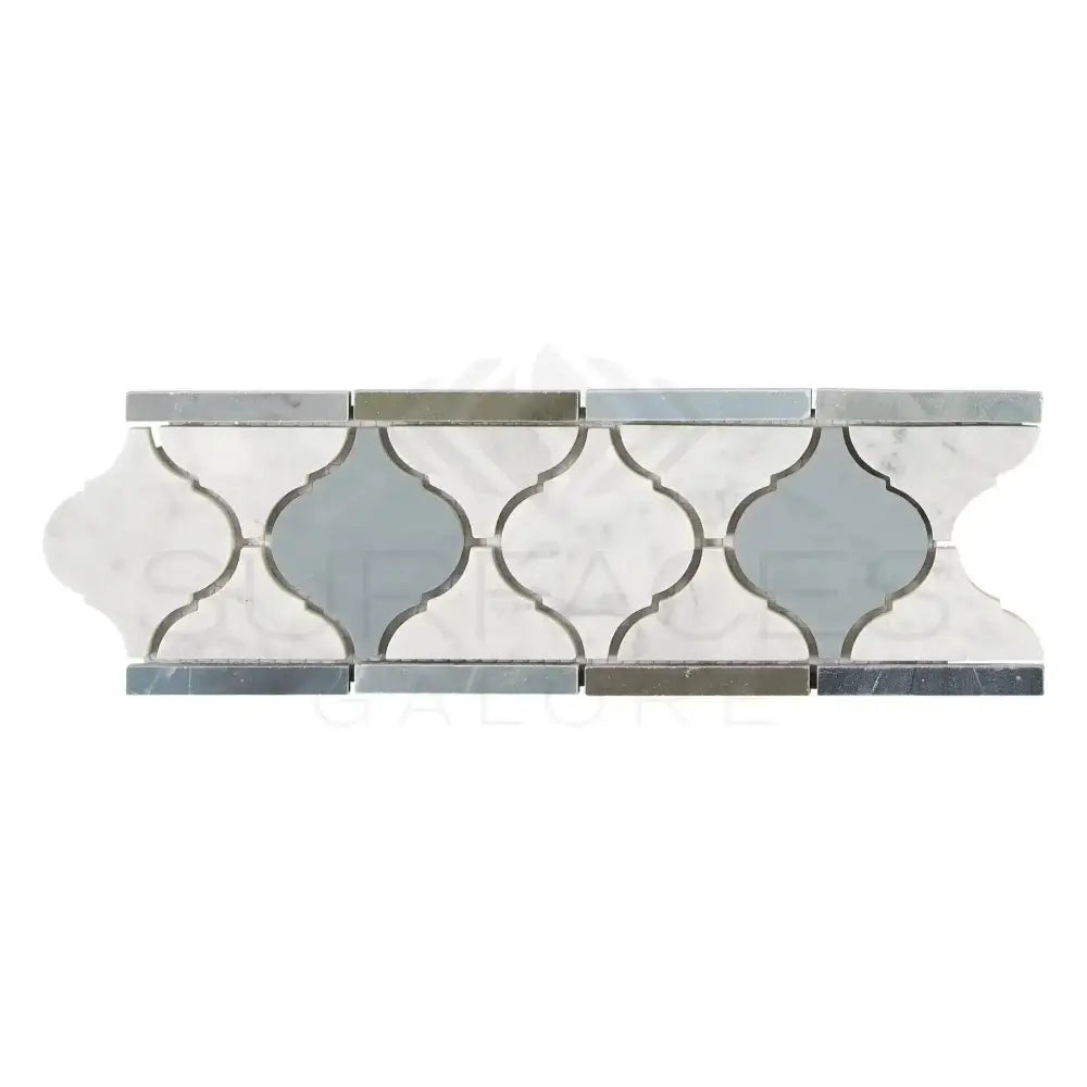 Decorative marble and glass tile border from Carrara White Royale Lantern Luxury Border