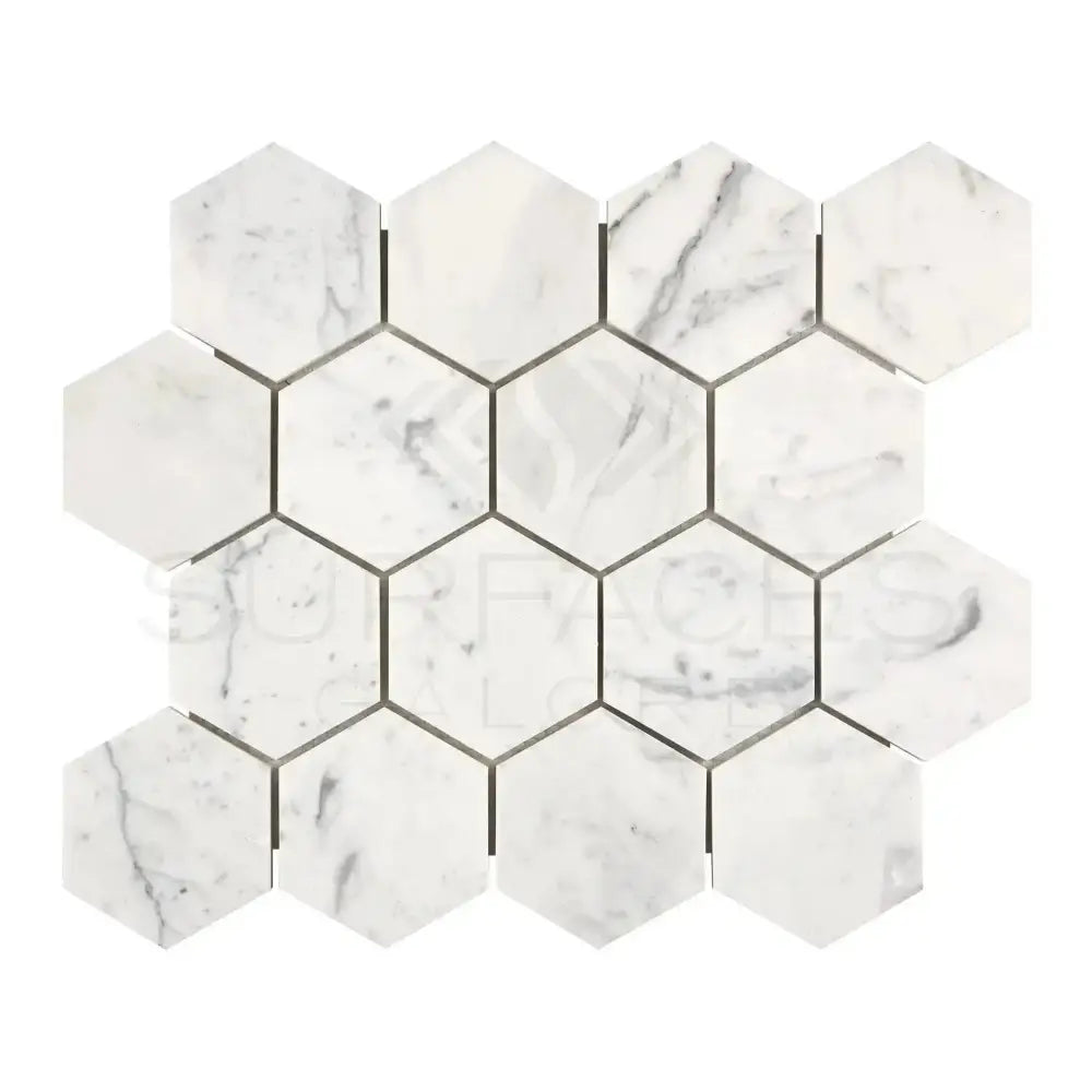 White marble hexagon tile sheet from Carrara White Royale 3 inch mosaic marble tile