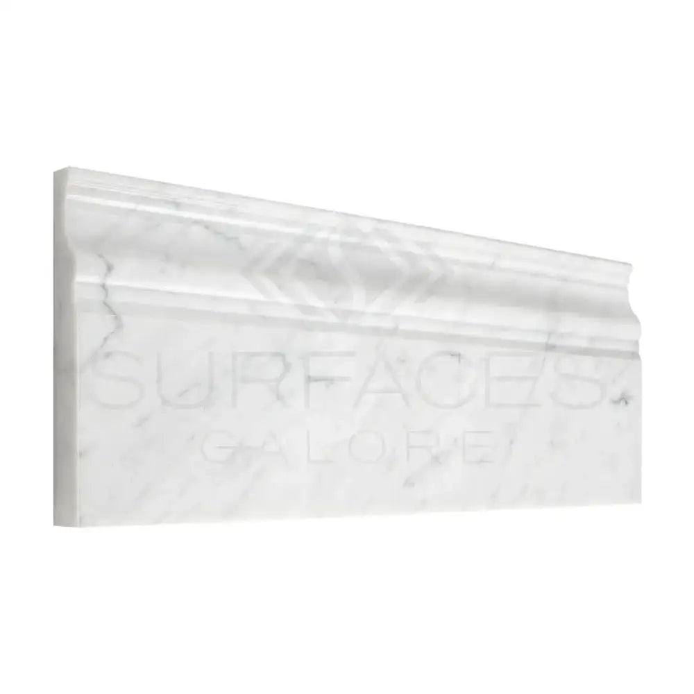 White marble crown molding with decorative profiles for Carrara White Royale baseboard trim