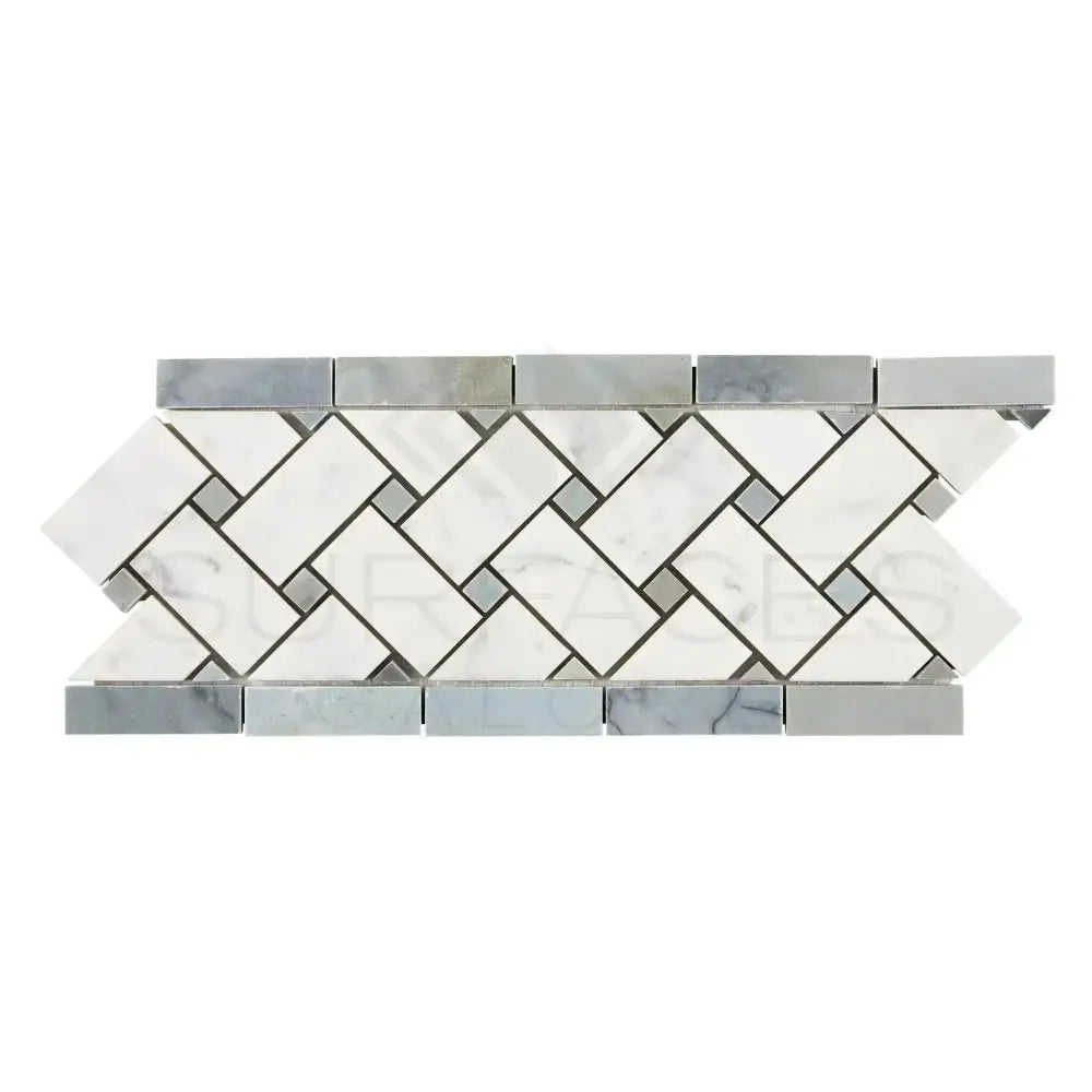 Herringbone mosaic tile border of Carrara White Basketweave with Blue-Gray accents