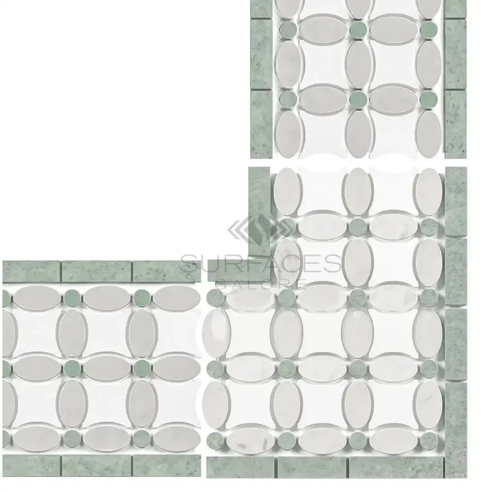 Mosaic tile corner of Carrara White Florida Flower Border in polished finish