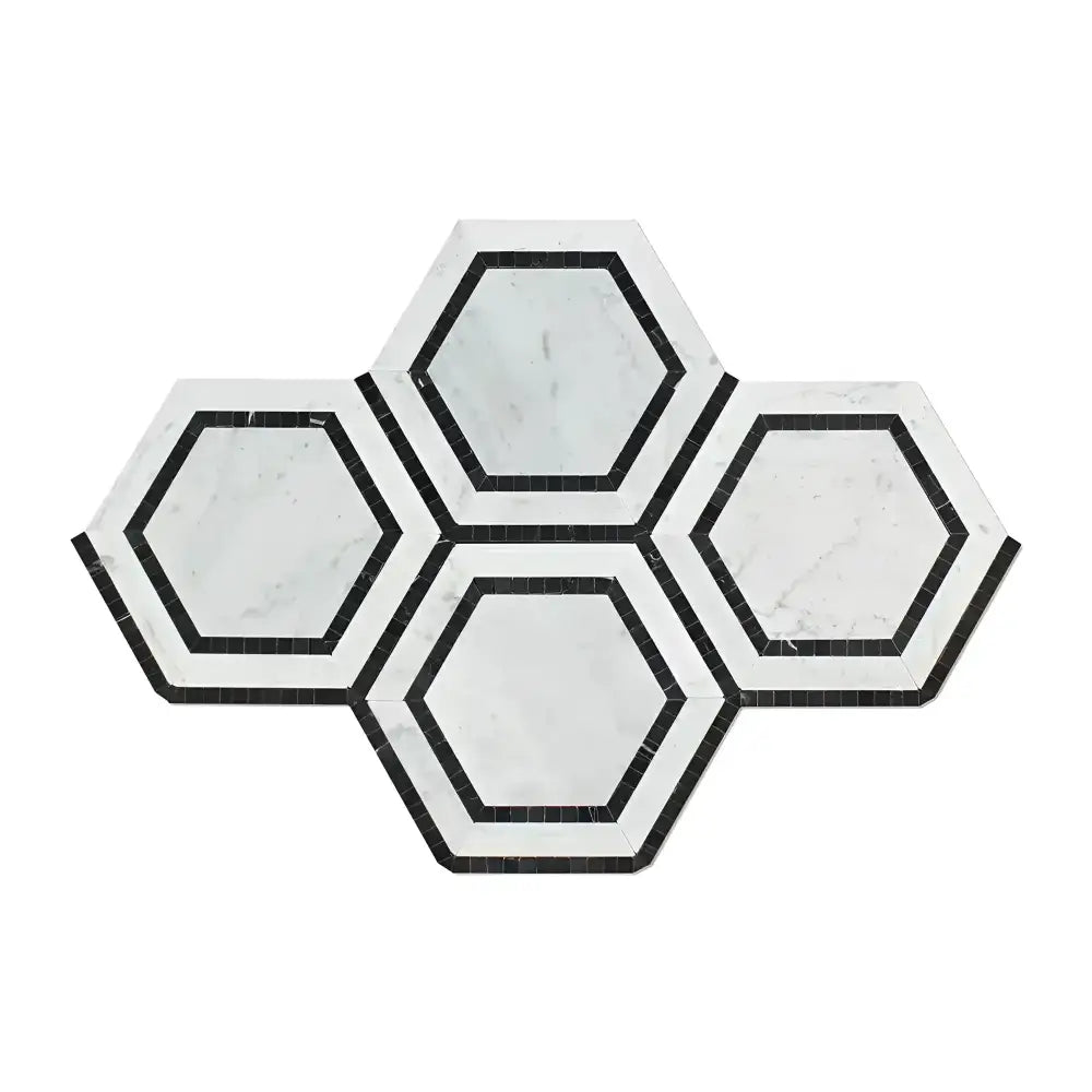 Hexagonal Carrara White marble mosaic tile with black accents for elegant flooring and walls