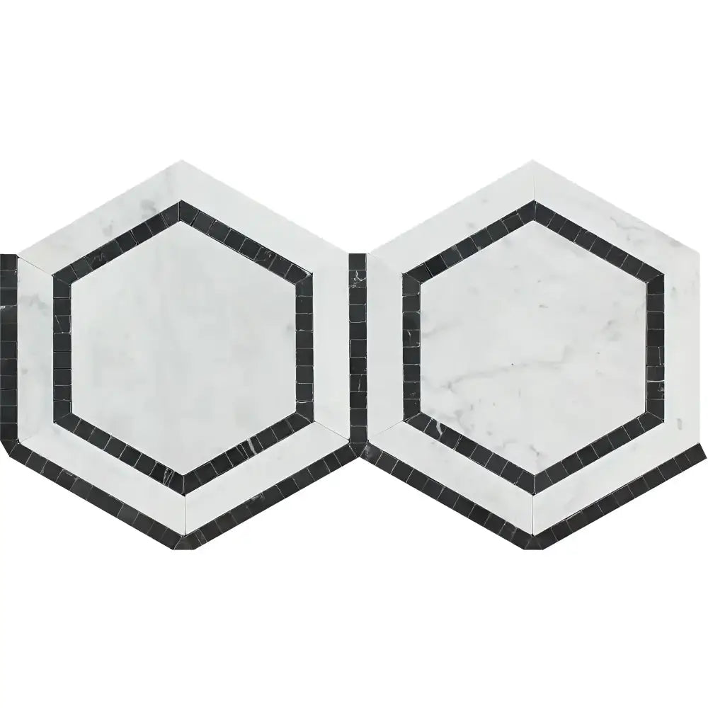 Two white marble hexagon tiles with black borders in Carrara White Royale mosaic pattern