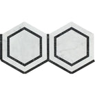 Two white marble hexagon tiles with black borders in Carrara White Royale mosaic pattern