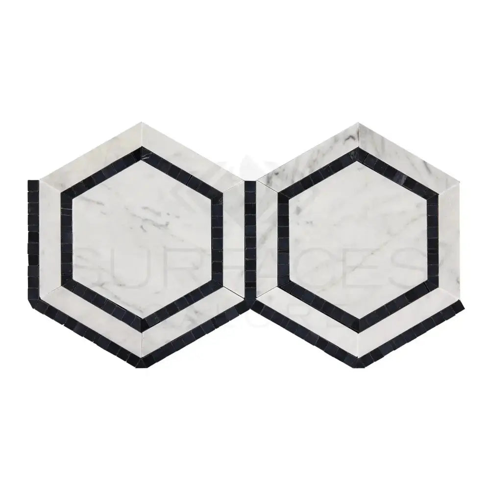 Carrara White Royale hexagon marble tiles with black borders for elegant flooring or backsplash