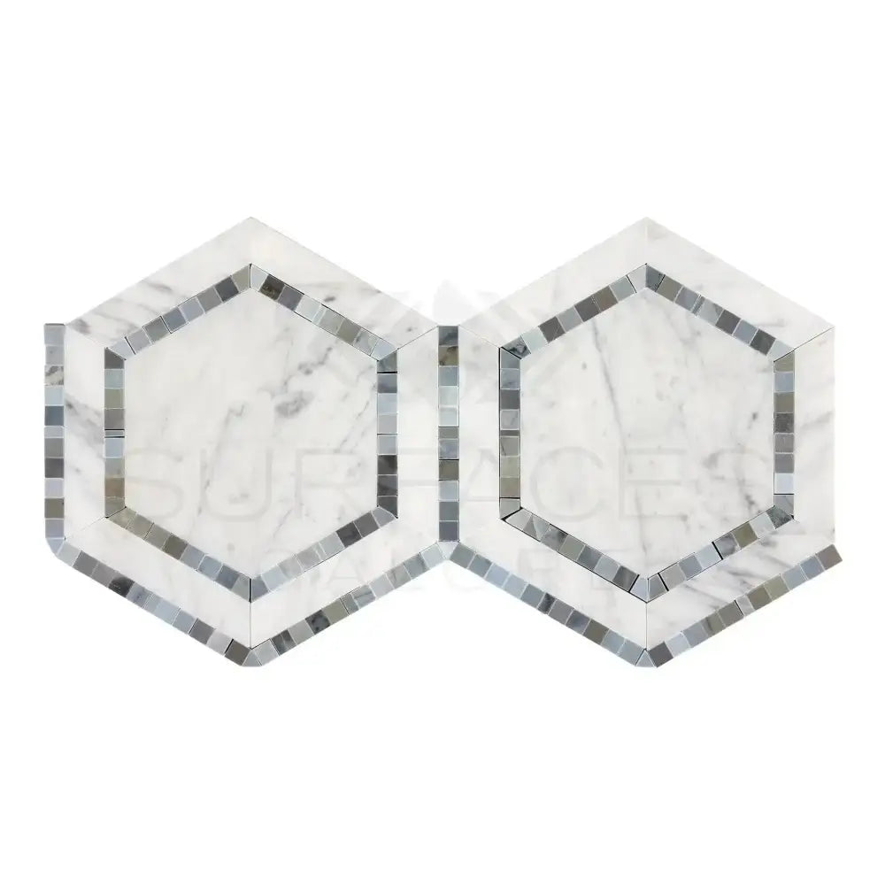 White marble hexagon tiles with gray mosaic borders for elegant flooring or wall design