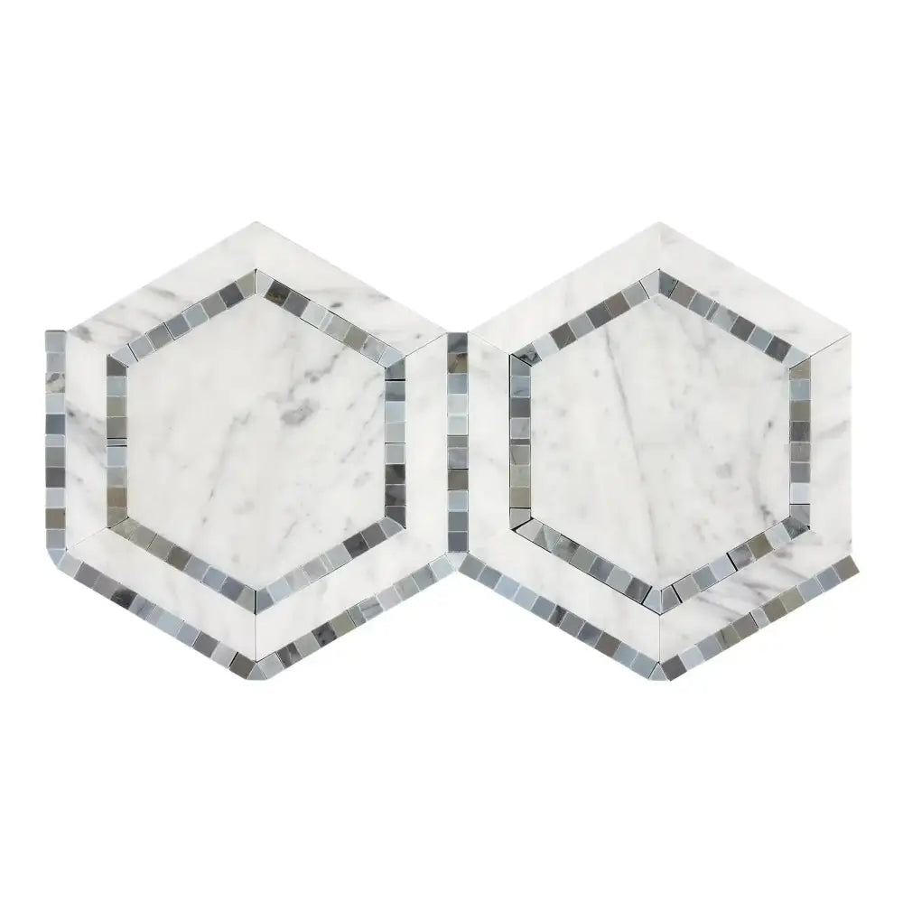 Interlocking Carrara White and Blue-Gray Mosaic Hexagon Marble Tiles