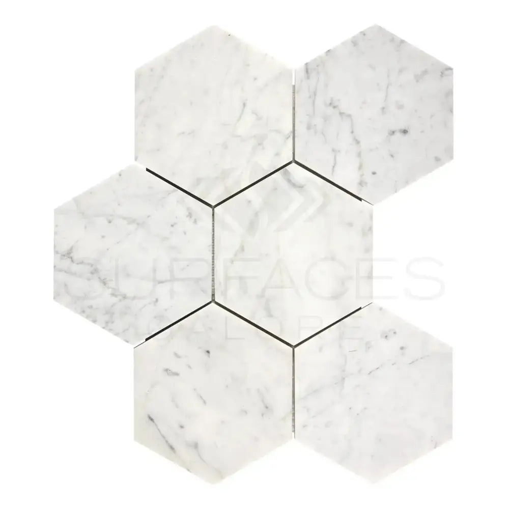 Carrara White Royale 5-inch Hexagon Marble Mosaic Tile for elegant flooring or backsplash